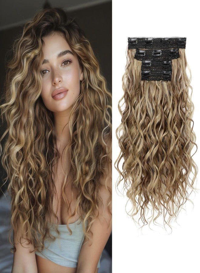 REECHO Curly Hair Extensions, 4PCS 16 inch Clip in Hair Extensions Lace Weft Short Curly Hair Extension Clip Ins Invisible Natural Hairpieces for Women, Light Brown with Blonde Highlights - Image 1